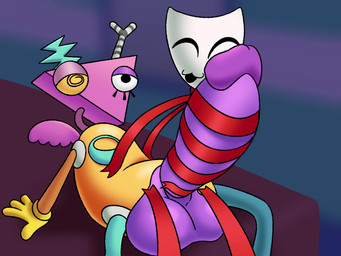:3 ambiguous_gender bed bodily_fluids cum duo female female/ambiguous furniture genital_fluids genitals hyper looking_at_another looking_at_partner mask open_:3 penis purple_penis ribbons rubbing_penis wrapped_around wrapped_around_partner wrapped_around_penis dukeofsnailplace glitch_productions the_amazing_digital_circus gangle_(tadc) zooble_(tadc) animate_inanimate fabric_creature humanoid shape_head 2d_animation 4:3 animated colored hi_res huge_filesize loop short_playtime sound video nonbinary_(lore)