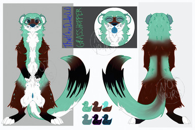 andromorph anthro anus blue_nose blue_vulva brown_body brown_fur claws clitoris fluffy fur genitals grasshopper(character) green_body green_fur heterochromia intersex nipples paws small_vulva solo standing teeth_showing tongue tongue_out vulva white_body white_fur thatonedude0_0 domestic_ferret mammal mustelid musteline true_musteline weasel hi_res model_sheet