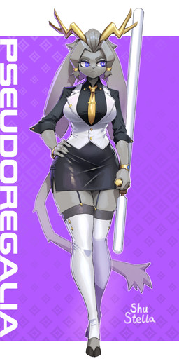 accessory anthro antlers barefoot big_breasts biped black_bottomwear black_clothing black_shirt black_skirt black_topwear blue_eyes bottomwear breasts clothed clothed_anthro clothed_female clothing cloven_hooves dream_breaker_(pseudoregalia) feet female fingers front_view fully_clothed fur garter_straps grey_body grey_fur grey_hair hair hair_accessory hair_ring hand_on_hip hooves horn legwear long_legs necktie pattern_background pencil_skirt shirt simple_background skirt small_waist solo standing thick_thighs thigh_highs toeless_legwear topwear unguligrade vest weapon white_clothing white_topwear white_vest wide_hips yellow_necktie shu_stella pseudoregalia sybil_(pseudoregalia) jackalope lagomorph leporid mammal rabbit 2026 absurd_res full-length_portrait hi_res portrait shaded