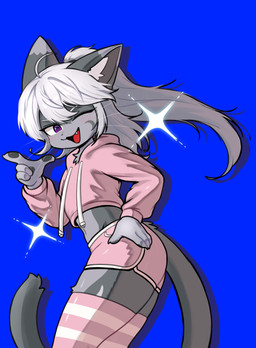 4_fingers adolescent ahoge anthro blue_background blush blush_lines bottomwear claws clothing crop_top cropped_hoodie cute_fangs fangs femboy finger_claws fingers fur hair hand_on_hip kemono legwear long_hair looking_at_viewer male male_anthro one_eye_closed open_mouth pattern_clothing pattern_legwear pawpads pose shirt shorts simple_background solo striped_clothing striped_legwear stripes tail teeth thigh_highs tongue topwear wink young young_anthro young_male furryjuana crescen_(crescencat) domestic_cat felid feline felis mammal 2026 absurd_res digital_media_(artwork) hi_res portrait three-quarter_portrait