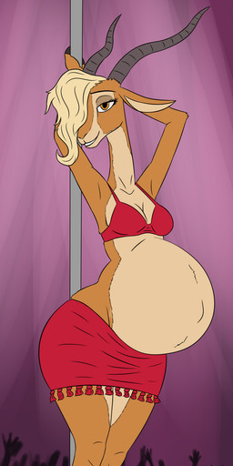 anthro audience belly big_belly blonde_hair bottomwear bra brown_eyes clothing dancing female footwear fur grin group hair high_heels hooves horn looking_at_viewer navel one_eye_obstructed outie_navel pole pole_dancing pregnant pregnant_female shoes skirt smile solo tan_body tan_fur underwear 8aerondight8 disney zootopia gazelle_(zootopia) antelope bovid gazelle mammal 2025 hi_res