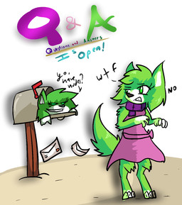 3_toes anthro ask_blog barefoot black_nose clothing dialogue duo feet female fur green_body green_fur hair humor in_mailbox mailbox multicolored_body multicolored_fur paws question_mark questions_and_answers scarf simple_background smile teeth text toes two_tone_body two_tone_fur white_background white_body white_fur e-01 zero_one canid canine canis mammal wolf 2018 digital_media_(artwork) english_text hi_res url
