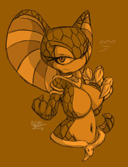 anthro big_breasts breasts casual_nudity egyptian female fist glare metal_gloves navel nephthys_the_snake non-mammal_breasts non-mammal_navel raised_fist raised_hand scales snake_hood solo stripes wide_hips s-dash sega sonic_the_hedgehog_(series) fan_character cobra reptile scalie snake