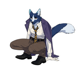 anthro belt clothing cross ear_piercing footwear gloves handwear male necktie paladin piercing religion shirt shoes solo topwear white_clothing white_shirt white_topwear nulia christianity luzenith_lawchi canid canine dire_wolf mammal prehistoric_species hi_res