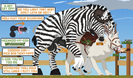 animal_genitalia animal_penis animal_vulva antlers ball_tuft balls bite bodily_fluids bound bridle canine_genitalia canine_vulva claws dialogue duo emoticon equine_genitalia equine_penis erection feral feral_on_feral feral_penetrated feral_penetrating feral_penetrating_feral forced genital_fluids genitals herm herm/male herm_penetrated hooves horn humping hybrid_genitalia hybrid_penis in_heat intersex intersex/male intersex_penetrated interspecies knot knotted_equine_penis knotted_penis large_penetration male male_penetrating male_penetrating_herm male_penetrating_intersex neck_bite onomatopoeia penetration penile penile_penetration penis questionable_consent raised_tail saddle sex sound_effects speech_bubble steamy_breath striped_body stripes tail text tied_to_pole tied_to_post tuft vaginal vaginal_fluids vaginal_penetration vulva conditional_dnp zelkothezeeb ky-li zelko canid canine canis domestic_dog equid equine felkin hybrid mammal nordic_sled_dog samoyed spitz zebra digital_media_(artwork) english_text hi_res pixel_(artwork)