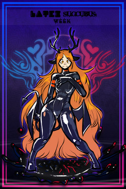 antlers bat_wings bodysuit clothed clothed_female clothing female hair hooves horn latex latex_bodysuit latex_clothing latex_skinsuit light_body light_skin long_hair looking_down membrane_(anatomy) membranous_wings nervous orange_hair pointed_tail skinsuit solo spots tail tight_clothing wings zerospanda freya_agalith animal_humanoid deer deer_humanoid demon faun humanoid living_latex mammal mammal_humanoid satyr 2:3 absurd_res hi_res