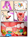2020 absurd_res anthro bodily_fluids candy canid canine canis comic comic_panel dessert domestic_dog duo extreme_size_difference female food fox hi_res m&m's macro male male/female mammal mars_incorporated mawplay micro mouth_shot open_mouth saliva size_difference teeth thaismotosuwa tongue tongue_out vore