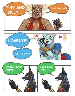 5_fingers 5_panel_comic anthro armband biped black_body breasts brown_body claws clothed clothed_anthro clothed_female clothed_male clothing dialogue doll ear_piercing ear_ring eyes_closed facial_markings fangs female finger_claws fingernails fingers fur gold_(metal) gold_jewelry green_body group head_markings heart_symbol hearts_around_head holding_object inner_ear_fluff jewelry male markings muscular muscular_female nails necklace open_mouth outline piercing plushie ring_piercing simple_background slightly_chubby slightly_chubby_female smile speech_bubble teeth text tongue trio tuft white_background yellow_eyes nulia elmouti harba ruba tarahe anubian_jackal canid canine canis felid jackal lion mammal pantherine 2026 colored comic digital_drawing_(artwork) digital_media_(artwork) english_text hi_res