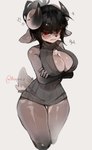 angry anthro bangs big_breasts black_hair breasts cleavage clothed clothing crossed_arms female fur grey_body grey_fur hair hair_bun horn looking_at_viewer red_eyes simple_background solo sweater tail topwear virgin_killer_sweater white_background wide_hips reapus meme_clothing tobi_(tobigote) bovid caprine goat mammal absurd_res hi_res meme