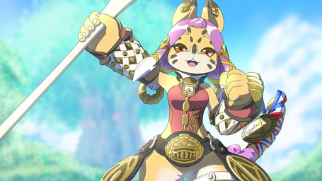 accessory anthro armor bare_shoulders belt big_hands bottomless bow_ribbon claws clothed clothing ear_piercing ear_ring facial_markings fangs featureless_crotch female fist fur gauntlets gloves grass hair hair_accessory handwear head_markings hip_window holding_object holding_weapon looking_at_viewer markings medal melee_weapon multicolored_body multicolored_fur multicolored_hair neckwear oversized_clothing piercing plant polearm purple_hair red_clothing red_eyes red_shirt red_topwear ribbons ring_piercing shirt sky sleeveless_shirt smile solo spear spots teeth topwear tree twintails_(hairstyle) two_tone_body two_tone_fur two_tone_hair weapon white_body white_fur wide_hips yellow_body yellow_fur mikan_bimism caravan_stories waugogo felid feline gessy humanoid mammal serval 16:9 2022 hi_res widescreen