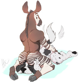 anthro duo eyes_closed facesitting kneeling male male/male nude rear_view sitting sitting_on_another laphund_(artist) canid canine canis domestic_dog giraffid mammal okapi 2017 hi_res