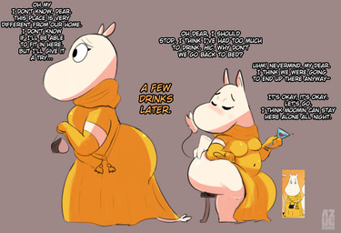 anthro belly big_butt butt butt_grab dialogue drunk female hand_on_butt imminent_sex shortstack shortstack_female simple_background solo substance_intoxication text thick_thighs azulejo the_moomins moominmamma moomin english_text