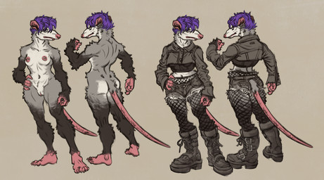 alternative_fashion anthro boots bottomwear breasts butt clothed clothing crop_top denim denim_bottomwear denim_clothing denim_jacket denim_topwear ear_piercing female fishnet_clothing fishnet_legwear footwear fur genitals goth grey_body grey_fur hair hotpants jacket legwear looking_aside looking_back muscular muscular_anthro muscular_female nipple_piercing nipples nude piercing purple_hair shirt shoes shorts simple_background solo tail topwear vulva white_body white_fur momamo american_opossum mammal marsupial virginia_opossum 2025 digital_media_(artwork) hi_res