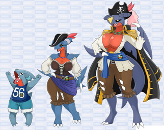 3_fingers 3_toes anthro barefoot big_breasts blue_body bottomwear breast_size_difference breasts claws cleavage clothed clothing collar dusk_ball evolutionary_family feet female fingers group huge_breasts jacket larger_anthro larger_female pants pirate pirate_hat pirate_outfit pokeball pokemorph shirt shorts size_difference smaller_anthro smaller_female toe_claws toes topwear trio uniform yellow_eyes urusee584 nintendo pokemon gabite garchomp generation_4_pokemon gible pokemon_(species) absurd_res hi_res