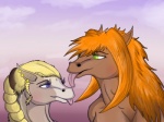 anthro blonde_hair cloud duo female green_eyes hair nude outside purple_eyes red_hair simple_background sky sunset tongue mirroidal gingie equid equine horse mammal mirroid 4:3 digital_media_(artwork)