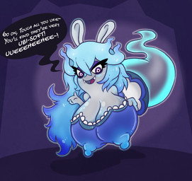 anthro areola bent_over big_breasts big_nipples blue_areola blue_clothing blue_dress blue_hair blue_nipples blue_outline blue_text breasts cleavage clothed clothing dialogue dress erect_nipples eyelashes eyeshadow fangs featureless_hands female female_anthro fur ghost_tail glistening glistening_body glistening_breasts glistening_hair glistening_skin hair hand_on_breast hand_on_own_breast hanging_breasts huge_breasts humor inviting long_ears long_hair looking_at_viewer makeup messy_hair nipple_outline nipples noseless open_mouth open_smile outline pun pupils purple_background purple_eyes purple_eyeshadow red_tongue sharp_teeth simple_background smile solo speech_bubble talking_to_viewer teeth text thick_eyelashes tongue translucent translucent_body two_tone_pupils white_body white_ears white_fur white_pupils midnytesketch mario_bros mario_plus_rabbids_sparks_of_hope nintendo raving_rabbids rayman_(series) ubisoft midnite_(mario_plus_rabbids) spark_hunter ghost hybrid lagomorph mammal rabbid spirit 2022 absurd_res crossover english_text hi_res