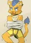 absurd_res anthro blue_eyes blue_hair blush clothed clothing clothing_lift felid fur gabobon05 hair hi_res inner_ear_fluff lion male mammal open_mouth pantherine shirt shirt_lift smile solo tail topwear tuft underwear yellow_body yellow_fur young young_male
