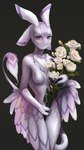 4_ears anthro bouquet breasts feathered_tail feathers featureless_breasts female flower flower_bouquet looking_at_viewer multi_ear non-mammal_breasts nude orange_eyes plant smile solo standing tail white_rose wings diondeath naaka avali hi_res