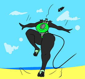 anthro beach black_body black_fur black_hair clothing detachable detachable_head female footwear fur green_clothing hair headless high_heels jumping landing shoes solo swimwear wizrat european_mythology irish_mythology mythology dullahan mammal murid murine rat rodent