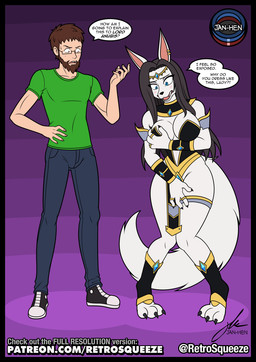4_fingers 5_fingers anthro beard big_breasts black_border black_hair blush bodily_fluids body_swap border bottomwear breast_grab breasts brown_hair butt claws cleavage clothed clothing covering covering_crotch curvy_figure dialogue duo ear_piercing ear_ring embarrassed eyeshadow eyewear facial_hair female fingers footwear fur glasses hair half_naked hand_on_breast holding_breast jewelry long_hair makeup male pants piercing pose ring ring_piercing shirt shoes short_hair simple_background speech_bubble sweat tail text thick_thighs topwear username white_body white_fur wide_hips worried retrosqueeze dylan_(sharkkingdylan) canid canine canis deity human jackal mammal 2025 digital_media_(artwork) english_text hi_res signature url