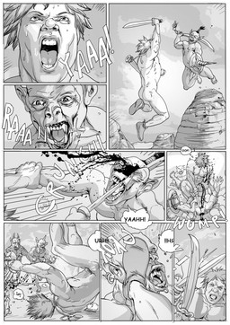 blood bodily_fluids butt clothing ear_piercing eyes_closed facial_piercing fight footwear gore group hair holding_melee_weapon holding_object holding_sword holding_weapon jumping kick male melee_weapon muscular not_furry nude open_mouth piercing rock rope saliva shield shoes short_hair sweat sword teeth tongue violence weapon furronika human humanoid mammal orc comic greyscale hi_res monochrome