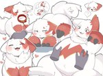 ambiguous_gender anthro belly_rub biped blush collar duo eyes_closed frown fur generation_3_pokemon headpat heart_symbol multicolored_body multicolored_fur nintendo open_mouth open_smile pokemon pokemon_(species) question_mark red_body red_fur rokacake simple_background smile speech_bubble tail white_background white_body white_fur white_tail zangoose