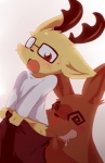 anime_nosebleed anthro antlers blood blush bodily_fluids bottomwear clothing drooling duo eyewear glasses horn male nosebleed open_mouth pants red_eyes saliva shirt simple_background topwear undressing white_background young young_anthro dagasi kakukaku_shikajika_(daihatsu_motors) notte_kangaroo kangaroo macropod mammal marsupial 2010 digital_media_(artwork)