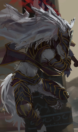 anthro armor hair long_hair male melee_weapon pillar solo sword warrior weapon white_hair kuttoyaki elden_ring fromsoftware maliketh_(elden_ring) canid canine mammal monster absurd_res hi_res