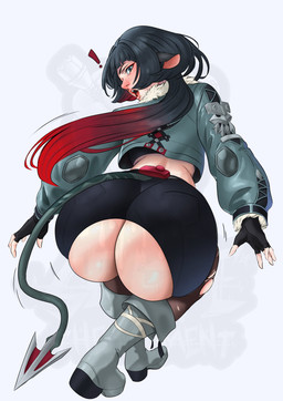 animal_ears animal_tail big_butt black_bottomwear black_clothing black_gloves black_hair black_handwear black_shorts blush boots bottomwear brown_clothing brown_legwear butt clothing exclamation_point eyelashes female fingerless_gloves footwear gloves green_eyes grey_background grey_boots grey_clothing grey_footwear grey_topwear hair handwear huge_butt legwear long_hair looking_back multicolored_hair open_mouth ponytail rear_view red_hair shoes shorts simple_background solo spade_tail tail tan_body tan_skin thick_thighs topwear two_tone_hair wardrobe_malfunction wide_hips nero_undead mihoyo zenless_zone_zero jane_doe_(zenless_zone_zero) animal_humanoid humanoid mammal mammal_humanoid murid murid_humanoid murine murine_humanoid rat_humanoid rodent rodent_humanoid thiren absurd_res hi_res