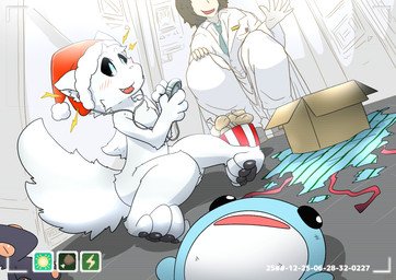 ambiguous_gender anthro blue_eyes cheek_tuft chest_tuft electronics facial_tuft feet fingers fur hair holiday_clothing holidays inside pawpads paws portable_music_player recording solo tuft white_body white_fur white_hair mttbsmn casualties:_unknown gunsaw canid canine gunsawian mammal milky_(casualties:_unknown) milky_(gunsawian) absurd_res digital_media_(artwork) hi_res