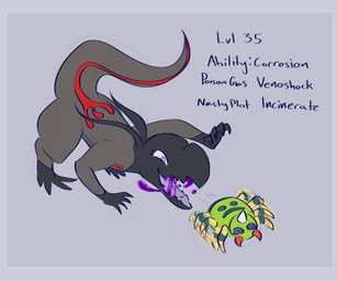 all_fours ambiguous_gender black_body black_scales blue_border border chasing duo feral grey_body grey_scales head_spikes hunting mandibles multi_limb open_mouth orange_body orange_scales poison scales simple_background spikes spikes_(anatomy) text snivyartjpeg nintendo pokemon arachnid arthropod generation_2_pokemon generation_7_pokemon pokemon_(species) salandit spider spinarak english_text trans_(lore) trans_woman_(lore)