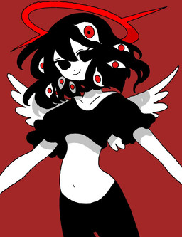 clothed clothing female halo multi_eye not_furry red_background simple_background solo wings 87sukiyaki angel angel_humanoid humanoid hi_res