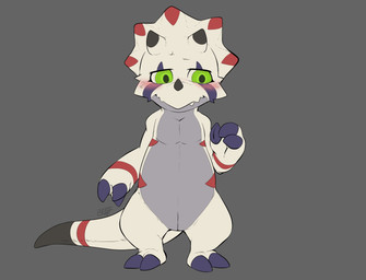 2_toes 3_fingers animal_genitalia anthro belly black_belly blush chibi claws cute_fangs facial_horn fangs feet fingers genital_slit genitals green_eyes grey_background horn male nose_horn nude semi-anthro simple_background slightly_chubby solo teeth toe_claws toes white_body benji_(artist) bandai_namco digimon ceratopsian digimon_(species) dinosaur gammamon ornithischian prehistoric_species reptile scalie hi_res