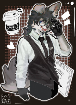 anthro black_clothing black_gloves black_handwear black_necktie black_topwear black_vest clothing eyewear fur glasses gloves green_eyes grey_body grey_fur handwear looking_at_viewer male necktie slim_anthro slim_male solo topwear vest wearing_glasses white_body white_fur asenjian canid canine canis domestic_dog mammal 2024 hi_res