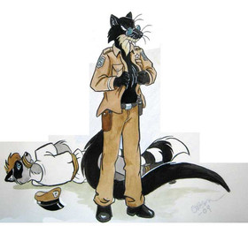 anthro arms_tied athletic athletic_male belt black_body black_fur black_nose black_tail blue_eyes bound brown_hair changing_clothing cheek_tuft chest_tuft clothed clothing countershade_neck countershading disguise dressing_up duo electronics eyewear facial_tuft fur glasses grey_body grey_fur hair hands_behind_back holster inner_ear_fluff jacket long_tail looking_at_another lying_on_ground male markings on_ground open_clothing open_jacket open_topwear pince-nez police police_hat police_uniform radio restrained restraints ring_(marking) ringed_tail shirt simple_background slim standing striped_markings striped_tail stripes tail tail_markings tied_muzzle topwear tuft uniform whiskers white_background white_body white_clothing white_fur white_shirt white_topwear roz_gibson jack_salem gulonine mammal marten mustelid musteline procyonid raccoon sable_(marten) 2009 painting_(artwork) signature traditional_media_(artwork) watercolor_(artwork)