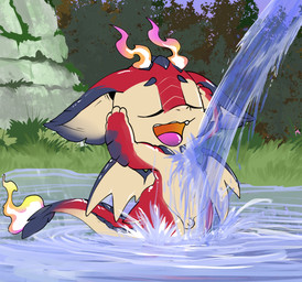 2_horns 4_fingers anthro anthrofied balls bathing big_ears biped blue_body blue_eyebrows blue_scales blue_tail blue_wings casual_nudity cheek_spikes eyebrows eyes_closed facial_spikes fingers fire flaccid flaming_horn flaming_tail genitals grass horn male male_anthro membrane_(anatomy) membranous_wings multicolored_body multicolored_scales multicolored_tail multicolored_wings navel non-mammal_balls non-mammal_navel nude nude_anthro nude_male open_mouth outside partially_submerged penis plant purple_tongue red_body red_scales red_tail scales slightly_chubby slightly_chubby_anthro slightly_chubby_male small_balls small_penis solo spikes spikes_(anatomy) spread_wings tail tan_balls tan_body tan_inner_ear tan_penis tan_scales tan_tail tan_wings teeth tongue water waterfall wings young young_anthro young_male lkiws league_of_legends mythology riot_games tencent smolder_(lol) dragon imperial_dragon_(lol) mythological_creature mythological_scalie scalie 2024 digital_media_(artwork)
