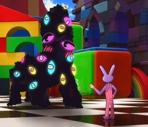 4_legs anthro blush blush_lines checkered checkered_floor clothing duo female gloves glowing glowing_eyes handwear male multi_eye multicolored_eyes overalls purple_body scut_tail short_tail sky tail soder_cat glitch_productions the_amazing_digital_circus jax_(tadc) ribbit_(tadc) abstraction_(tadc) lagomorph leporid mammal rabbit digital_media_(artwork) hi_res