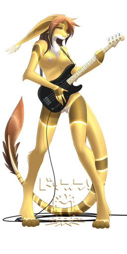 anthro bass_guitar breasts female genitals guitar musical_instrument nipples nude plucked_string_instrument red_eyes solo string_instrument stripes tail vulva dossun unknown_species 1:2