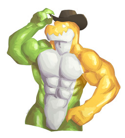 4_fingers adjusting_hat anthro barazoku biceps candy clothing cowboy_hat deltoids dessert empty_eyes featureless_crotch fingers food green_body gummy_(food) hand_on_hip hat hat_only headgear headgear_only headwear headwear_only male mostly_nude muscular muscular_arms muscular_male pecs simple_background smile solo tail white_background white_body yellow_body ruguard glitch_productions the_amazing_digital_circus gummigoo_(tadc) crocodile crocodilian food_creature gummy_creature living_candy reptile scalie absurd_res digital_media_(artwork) half-length_portrait hi_res portrait