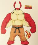 2017 alternate_color antennae_(anatomy) anthro anthrofied belt biceps biped black_belt black_sclera bottomwear broad_shoulders brown_bottomwear brown_clothing clothed clothing collarbone countershade_face countershade_torso countershading english_text fakemon featureless_feet feet fin fire firefightdex fish fist flaming_tail front_view full-length_portrait generation_2_pokemon gills hi_res long_tail looking_at_viewer male mantine marco_fanjul marine marker_(artwork) membrane_(anatomy) mixed_media multicolored_body multicolored_skin muscular muscular_anthro muscular_male nintendo pants patagium pecs pen_(artwork) pokemon pokemon_(species) pokemorph portrait power_stance red_body red_skin shadow simple_background smile solo standing tail tan_body tan_countershading tan_skin text toony topless traditional_media_(artwork) two_tone_body two_tone_skin white_background white_eyes