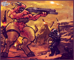 anthro areola armor big_breasts bone border bottomless bra breasts claws clothed clothing curvy_figure detailed_background duo exposed_breasts female genitals gun hell hooves horn huge_breasts larger_female leg_belt muscular muscular_female nipples outside purple_border purple_nipples ranged_weapon red_body red_skin rock sharp_teeth shotgun size_difference skeleton standing teeth text thick_thighs toe_claws underwear voluptuous vulva weapon white_horn wide_hips yellow_body yellow_skin sligarthetiger doom_(series) id_software microsoft baron_of_hell demon human mammal 2016 english_text signature