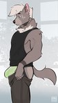 anthro blonde_hair blue_eyes bodily_fluids bottomwear bulge clothing clothing_pull hair jockstrap looking_down male neck_tuft pants solo sweat tuft underwear kaionart tight_pants_(meme) dasyurid dasyuromorph mammal marsupial tasmanian_devil 2023 hi_res meme