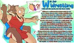 2021 ?! alliteration anthro anthro_on_anthro astrograph athletic athletic_anthro athletic_male blue_clothing blush brown_body brown_fur bulge canid canine canis clothed clothing competition detailed_bulge dialogue digital_media_(artwork) duo eggplant emoji english_text erection erection_under_clothing exclamation_point food fruit fur genital_outline grappling grinding hot_dogging male male/male male_on_anthro mammal multicolored_body multicolored_fur mustelid musteline peach_(fruit) penis_outline phallic pictographics plant red_clothing sex sexual_competition sexual_fight sport tan_body tan_fur text true_musteline two_tone_body two_tone_fur weasel wolf wrestler wrestling wrestling_singlet