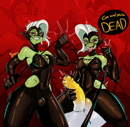 armwear bodily_fluids bodysuit breasts bulge cartoon_freckles cleavage clothed clothing dominant dominant_gynomorph dominant_intersex duo elbow_gloves erection faceless_character faceless_male freckled_breasts freckled_face freckled_hips freckled_shoulders freckles genital_fluids genitals glistening_eyelids gloves green_body green_skin grin gynomorph hair handwear humanoid_pointy_ears intersex leash male mask nipple_piercing nipples noseless not_furry open_mouth penis penis_grab piercing pointy_ears precum skinsuit smile solo_focus sweat teeth tight_clothing tongue tongue_out tongue_piercing whip white_hair yellow_penis toospookzy disney wander_over_yonder lord_dominator alien alien_humanoid humanoid 2026 absurd_res hi_res signature