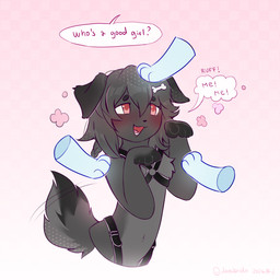 ambiguous_gender anthro bdsm female female_focus floppy_ears grey_body group harness paws pet_praise petplay praise red_eyes roleplay solo_focus demibido canid canine mammal 1:1 absurd_res hi_res tagme