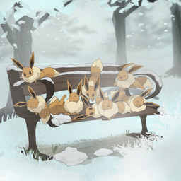 ambiguous_gender bench brown_body brown_eyes brown_fur eyes_closed featureless_crotch feral fluffy fur grass group lying lying_on_another on_back on_front open_mouth pawpads paws plant scratching sleeping snow tail tan_body tan_fur tongue tree white_body winter fishburi nintendo pokemon eevee generation_1_pokemon pokemon_(species) 1:1 2026 absurd_res hi_res