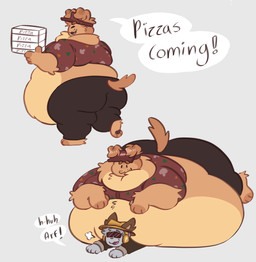 4_fingers :3 anthro arm_tuft belly belly_crush big_belly bloated bottomwear box brown_body brown_bottomwear brown_clothing brown_fur brown_pants cheek_tuft clothing container crush dialogue duo elbow_tuft facial_tuft fedora fingers floppy_ears fur grey_body grey_fur handpaw hat headgear headwear holding_box holding_container holding_object lying male male/male monotone_background morbidly_obese morbidly_obese_anthro neck_tuft obese obese_anthro official_alternate_costume on_front overweight overweight_anthro pants pawpads paws pizza_box plantigrade_pawpads red_clothing red_topwear simple_background smile solo tan_body tan_fur text topwear tuft visor_cap walking yellow_clothing yellow_hat yellow_headwear koi_567 forsaken_(roblox) chance_(forsaken) elliot_(forsaken) canid canine canis domestic_dog mammal absurd_res english_text hi_res nonbinary_(lore)