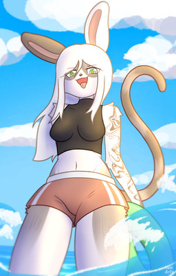 anthro arm_tattoo beach black_clothing bottomwear breasts clothed clothing cloud female female_anthro fur green_eyes grey_body hair inflatable inner_tube long_hair looking_at_viewer low-angle_view midriff navel open_mouth outside partially_submerged pool_toy sea shirt shorts sky smile solo swimwear tail tattoo teeth tongue tongue_out topwear water white_body white_fur white_hair neo_arts kisa_(nervous_lotus) domestic_cat felid feline felis hybrid lagomorph leporid mammal rabbit absurd_res digital_media_(artwork) hi_res