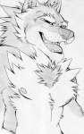 anthro black_nose chest_tuft countershading eyes_closed fur laugh male muscular muscular_anthro muscular_male nipples pecs solo teeth tuft aluminemsiren orion_(aluminemsiren) canid canine canis mammal wolf greyscale half-length_portrait monochrome portrait sketch