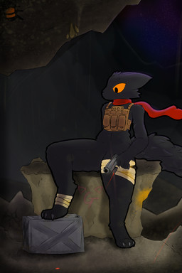 ambiguous_gender anthro bandage bandaged_leg black_body black_fur blood bodily_fluids bulletproof_vest cave ears_back fluffy fluffy_tail fur gun handgun orange_eyes paws pistol pivoted_ears ranged_weapon red_scarf rock scarf sky solo star starry_sky tail weapon gabegt casualties:_unknown gunsaw expie_(gunsawian) gunsawian 2:3 absurd_res hi_res